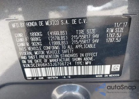 2018 Honda Hr-V Lx z USA, uszkodzony, nr VIN 3CZRU6H33JG706724